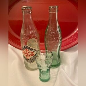 Vintage CocaCola & 75th Anniversary Bottles plus a Mini CocaCola Glassware